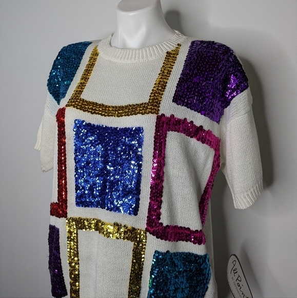 NWT All Points Dead stock white colorful sequin short sleeve sweater L - Picture 2 of 9